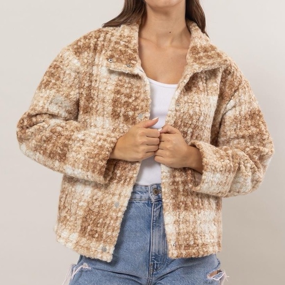 NWT HYFVE Brown Tan 90s Plaid Textured Cropped Boucle Jacket Coat - Picture 1 of 6
